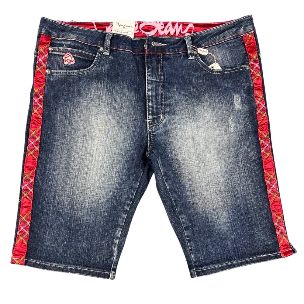 VTG Pepe Jeans Ella Dark Matrix Denim Shorts Red Side Stripe Plaid Size 34 NWT